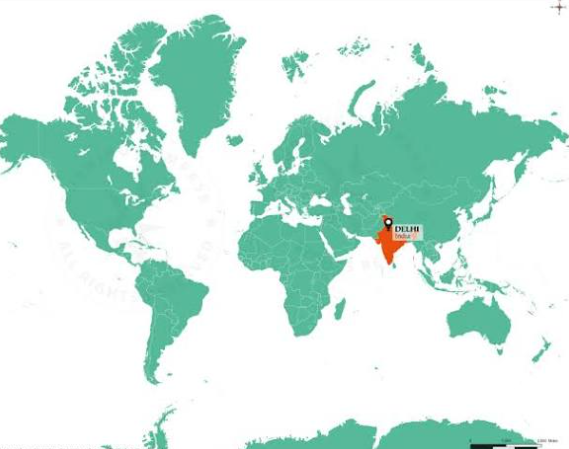 World Map with New Delhi Pin